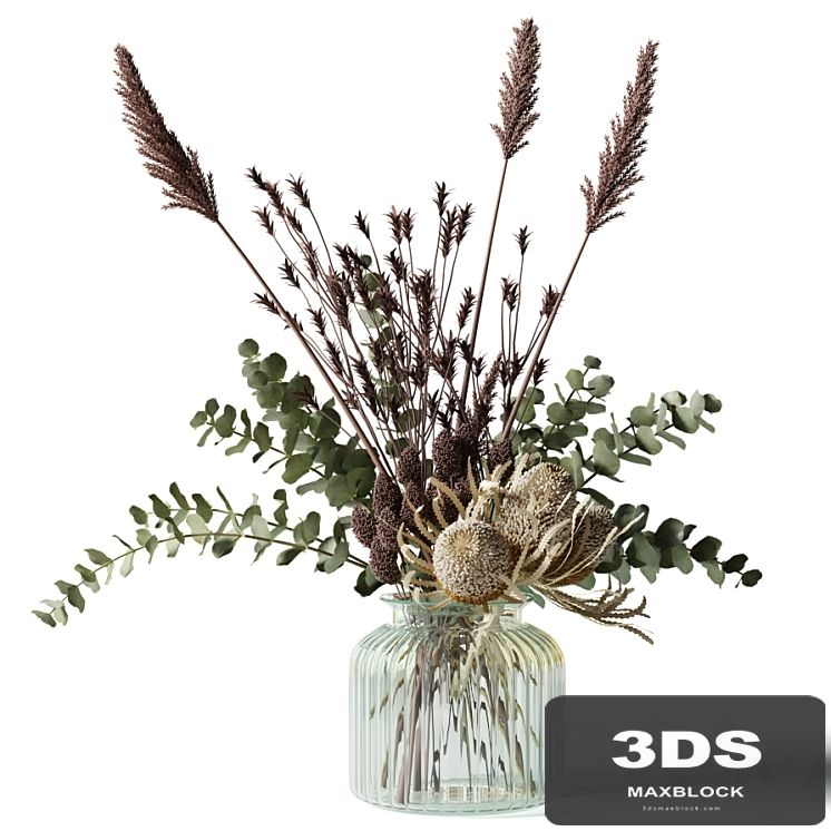 Bouquet with tall grass, eucalyptus and bankxias in a ribbed glass vase