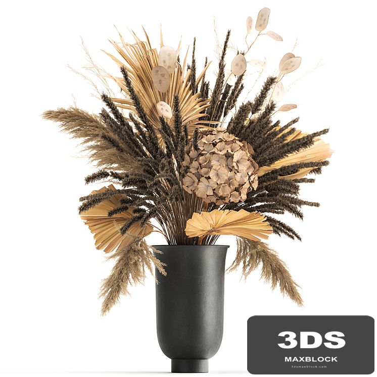 Bouquet of dried flowers in a black vase with dry branches of palm leaves, pampas and Hydrangea. 168.