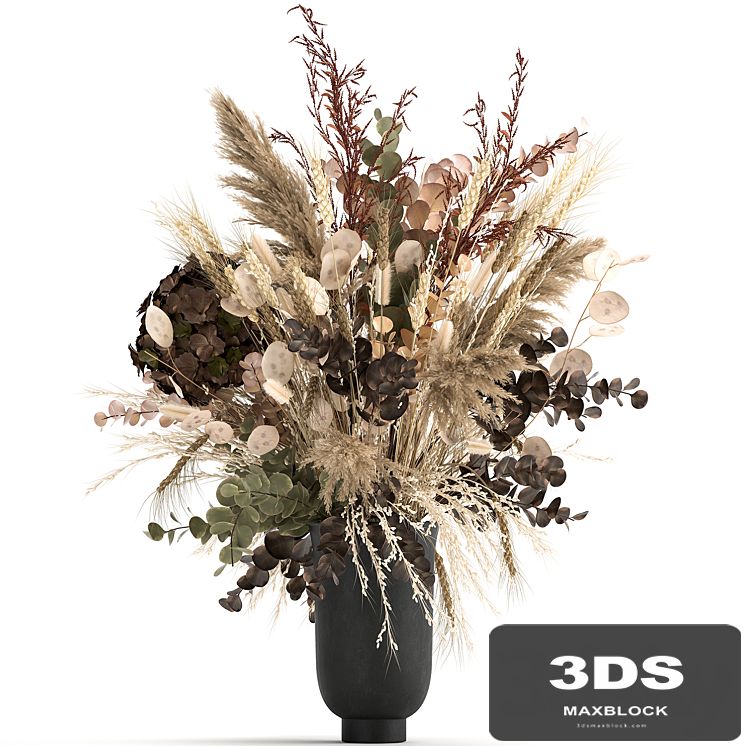 Beautiful lush bouquet of dried flowers in a vase with hydrangea, pampas Lunnik, spikelet, Barberry. 173