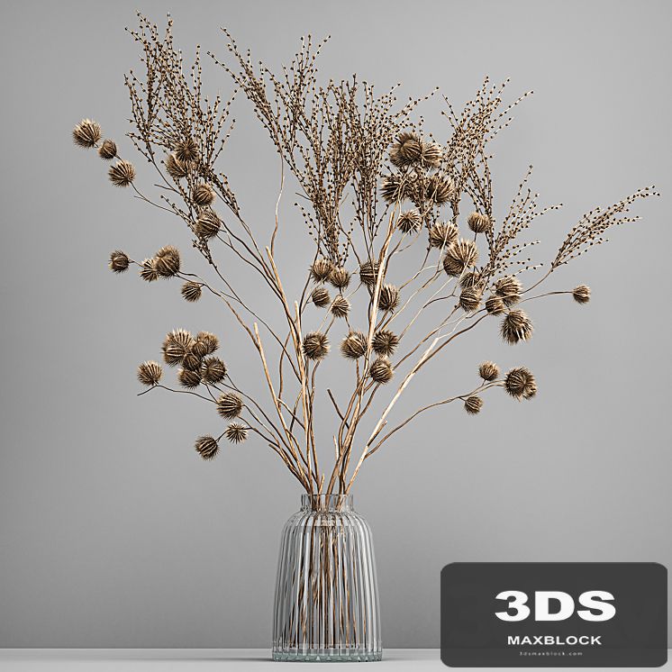Bouquet of dried flowers in a glass vase with thorn branches and dry thistle. 183.