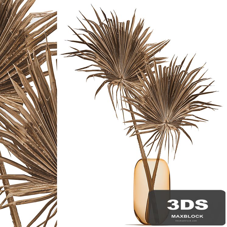 Bouquet of dried flowers in a vase with branches of dry palm leaves. 187.