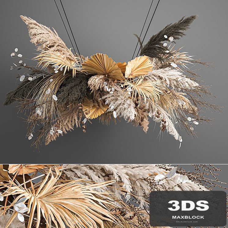 Hanging installation bouquet of dried flowers with pampas, pampas grass, reeds, suspension, wedding decor and decoration. 189.