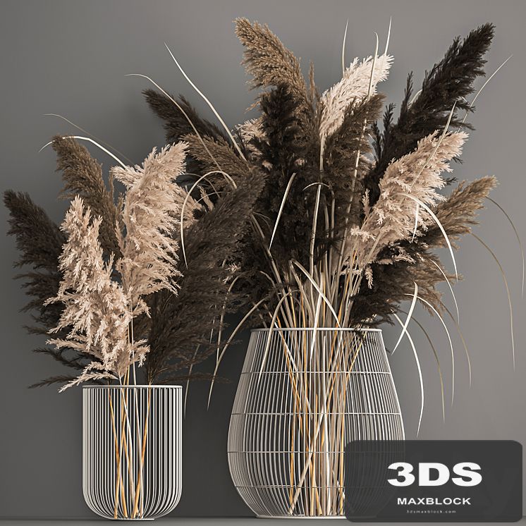 A bouquet of dried flowers with pampas grass in a basket, reeds, branches. Set 1071.
