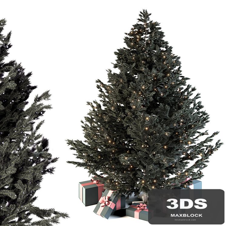 Dark christmas tree with boxes and garland
