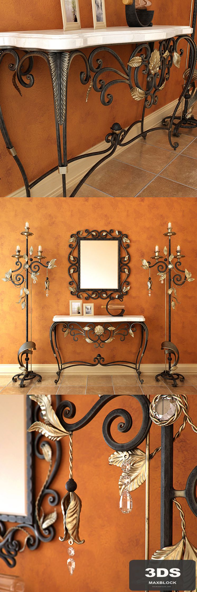 Wrought iron console with a floor lamp