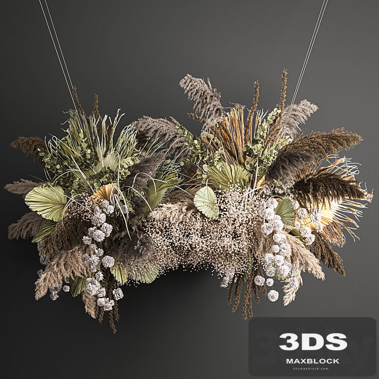 Hanging bouquet and installation under the ceiling, decor above the table made of dried flowers, palm leaf and pampas grass. 232.