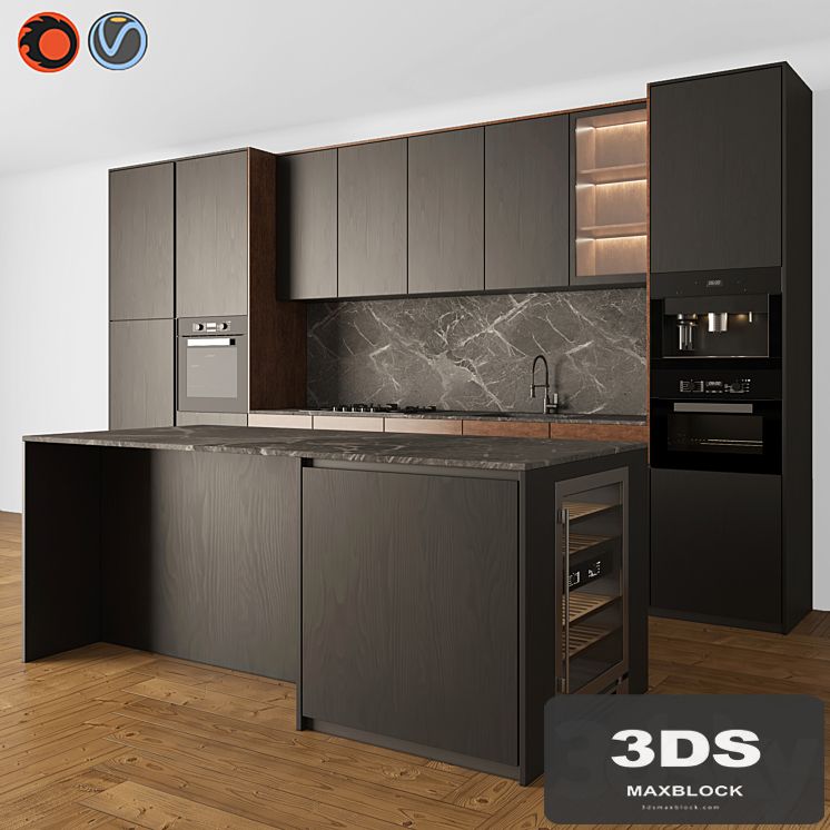 Kitchen Modern 05 Black & Wood