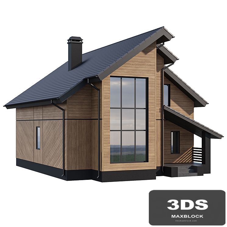 Two-storey wooden house with a complex pitched roof