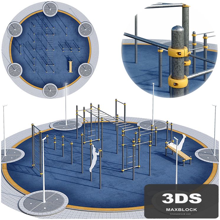 Round sports ground with horizontal bars. Children  playground