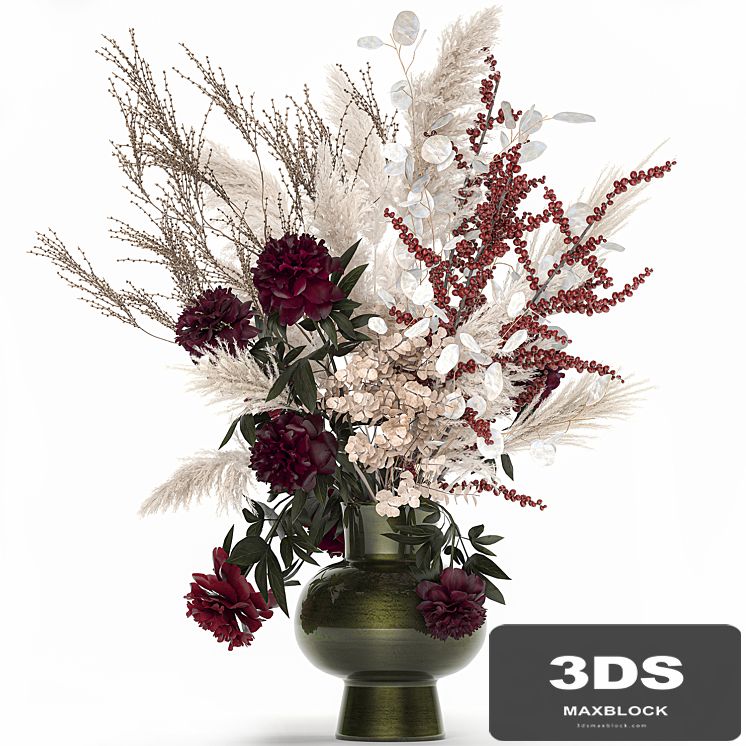 Bouquet 235. Dried flowers, pampas grass, moonflower, branches, reeds, luxury vase, decor, white, peony, Ilex, Holly, SOLIDAGO