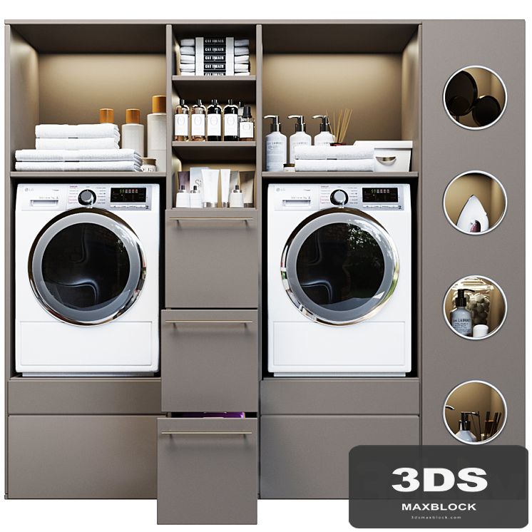Laundry room in gray with household appliances and cosmetics 5
