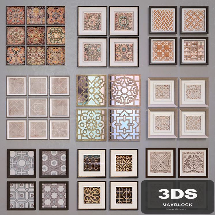Framed ornamentals, 9 sets, 46 things