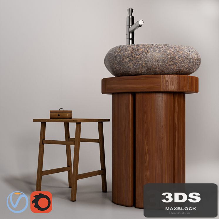 Sink Teak House "River Stone", outdoor basin mixer Bandini Pyramide