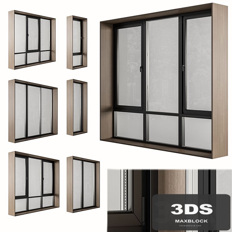 Black Modern Window with Wooden Frame - Windows Set 06