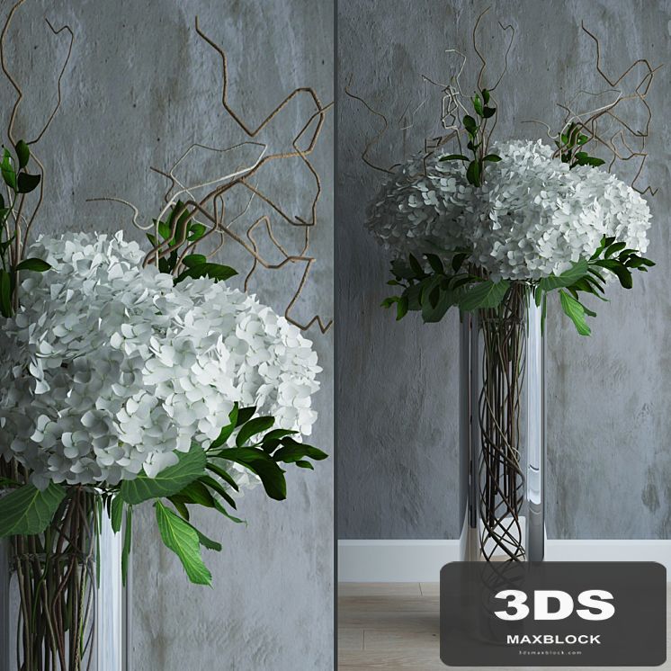White hydrandeas in tall vase with willow branches