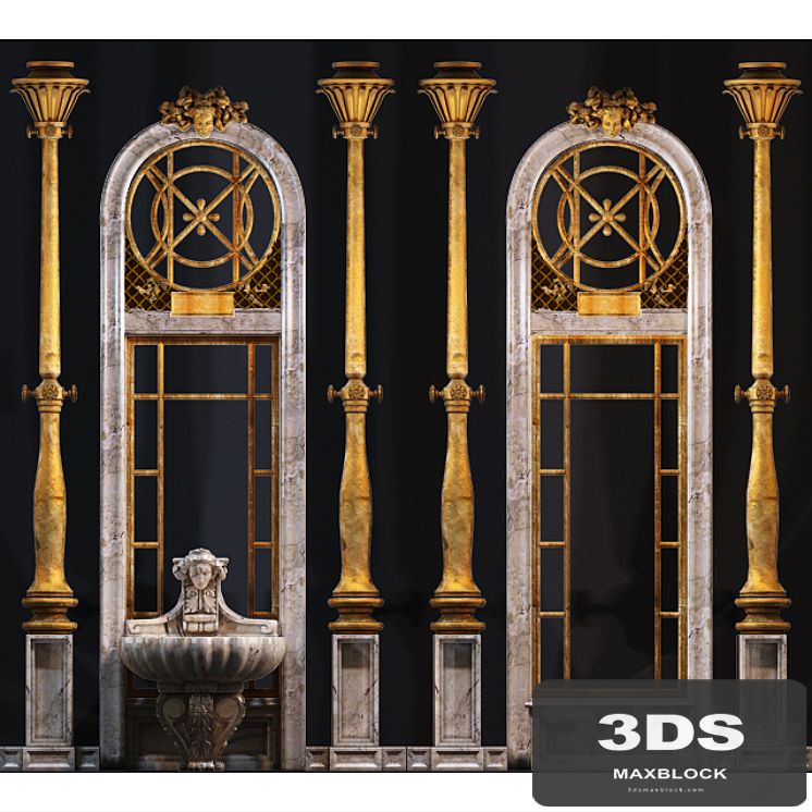Wall with molded decoration elements and columns