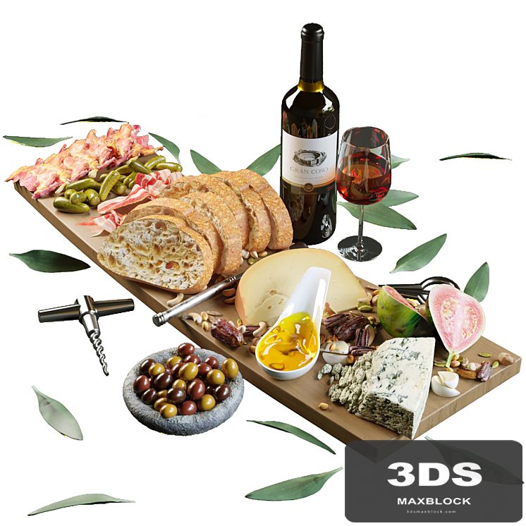 Plateau with fruit, cheese and fruit and a glass of red wine