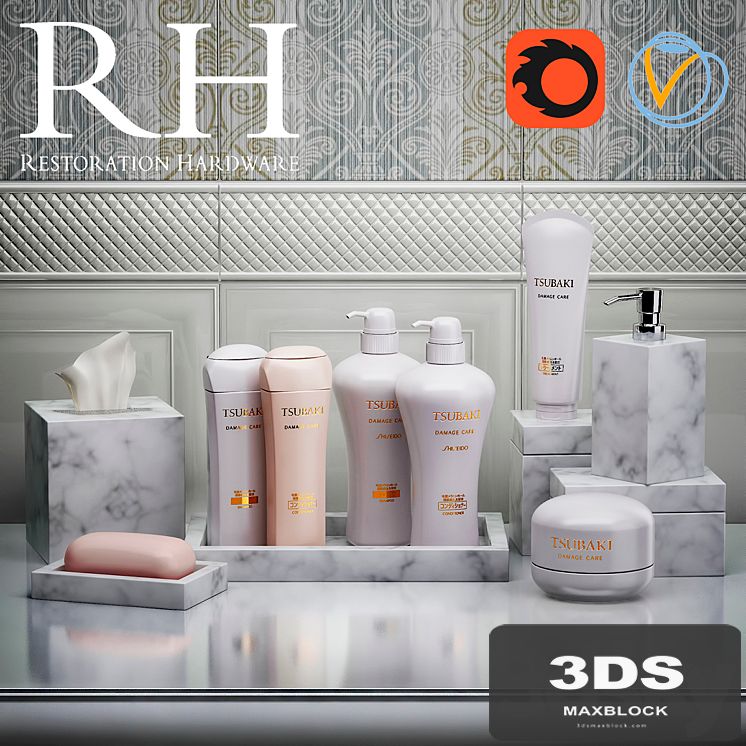 Set for Restoration Hardware bathroom with shampoos and plates