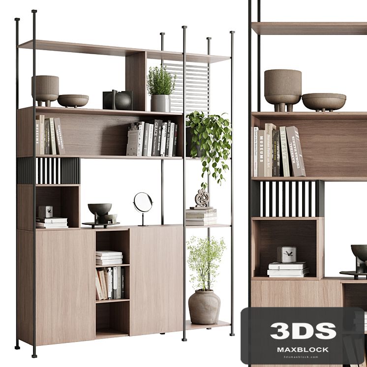 Metal Shelves Decorative With Plants and Book - Wooden Rack 01