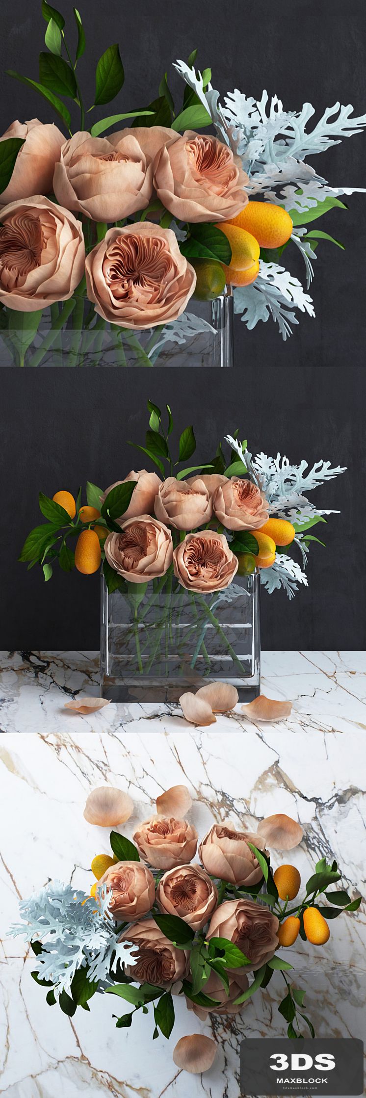 Bouquet of Austin's Roses, Kumquat and Dusty Miller plant