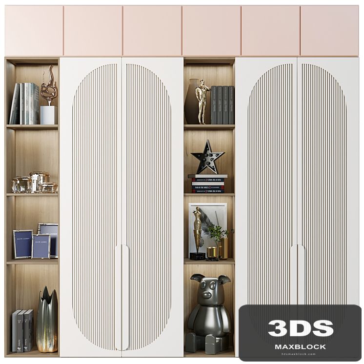 Wardrobe with decor, books and figurines in the nursery