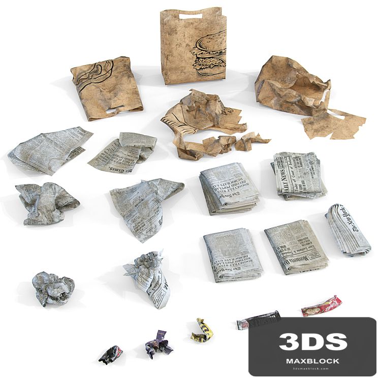 Newspaper, wrappers and bag