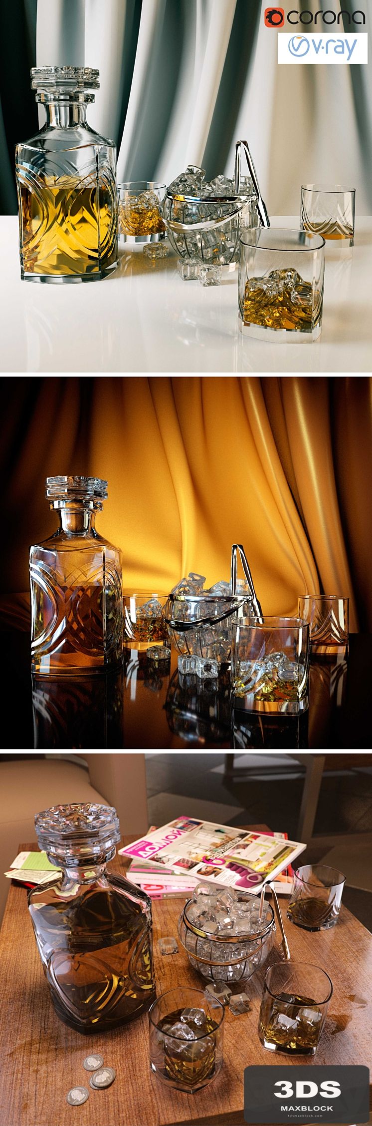 "Set for whiskey with ice bucket" - "Whiskey set with ice bucket"