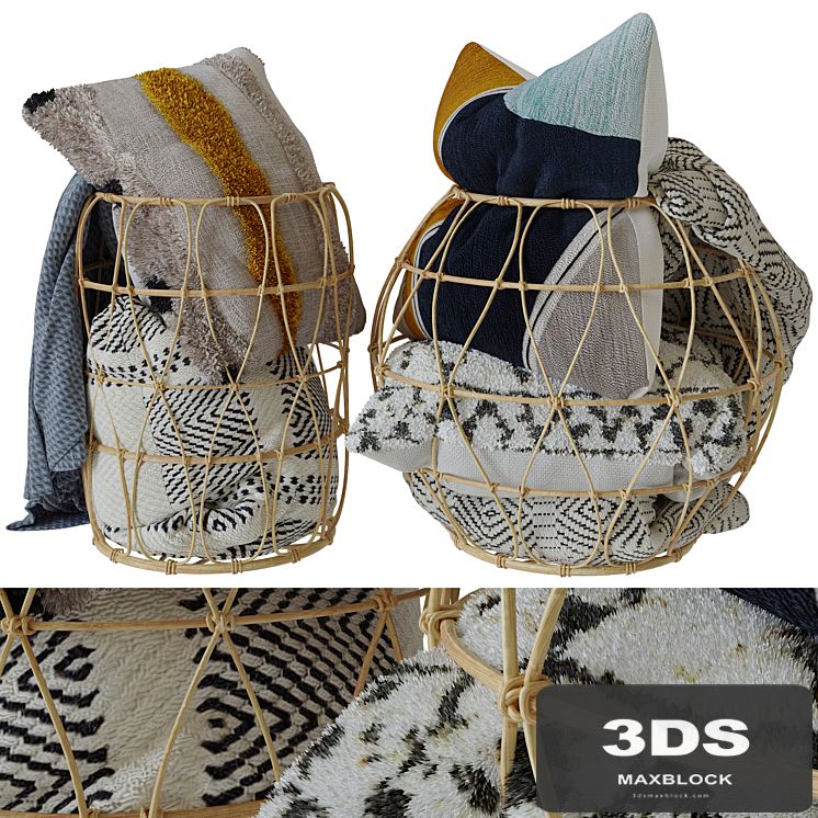 Bamboo basket with decorative pillows and a blanket