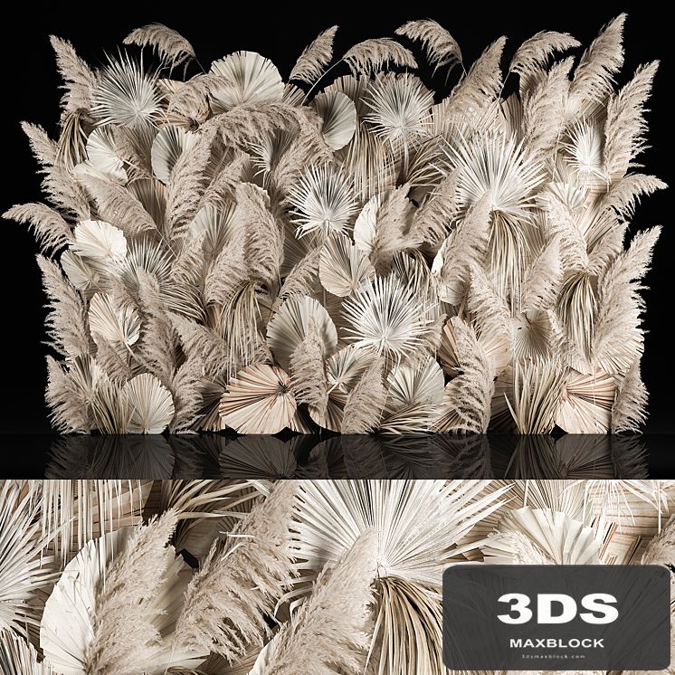 Vertical garden of dried flowers, pampas grass, dry palm branches, Cortaderia Bouquet and dry reeds. 283.