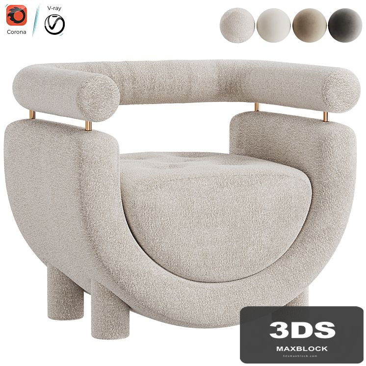 Mel Armchair Wood Brass Beige Jacquard Velvet Pearl Cotton Linen Boucle Fabric