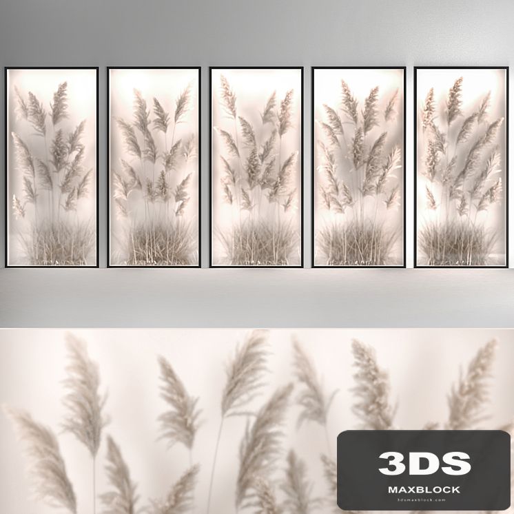 Phytomodule, phytobox of dried flowers in a niche behind translucent glass made of pampas grass, dry reed, cortaderia. Bouquet 285.