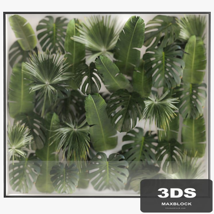 Phytowall and phytobox made of banana palm branches and fan palm leaves in a niche behind a translucent stack. Bouquet 287.