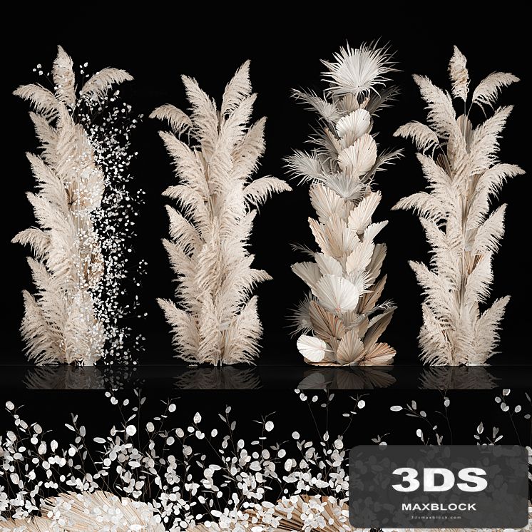 Wedding decorations from columns of dried flowers and pampas grass, Cortaderia, moonflower, dry, palm branch. Bouquet 289.