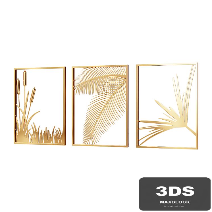 Wall Picture 3 Pieces Modern Gold Metal Wall Decor Plant Art with Rectangle Frame Wall Decor