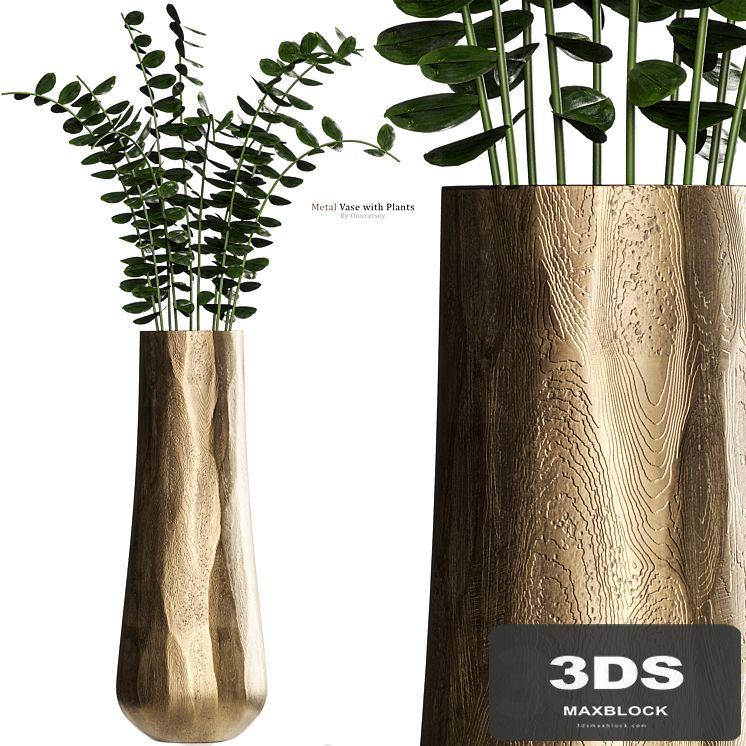 Metal Antiqued Brass Vase with Plant