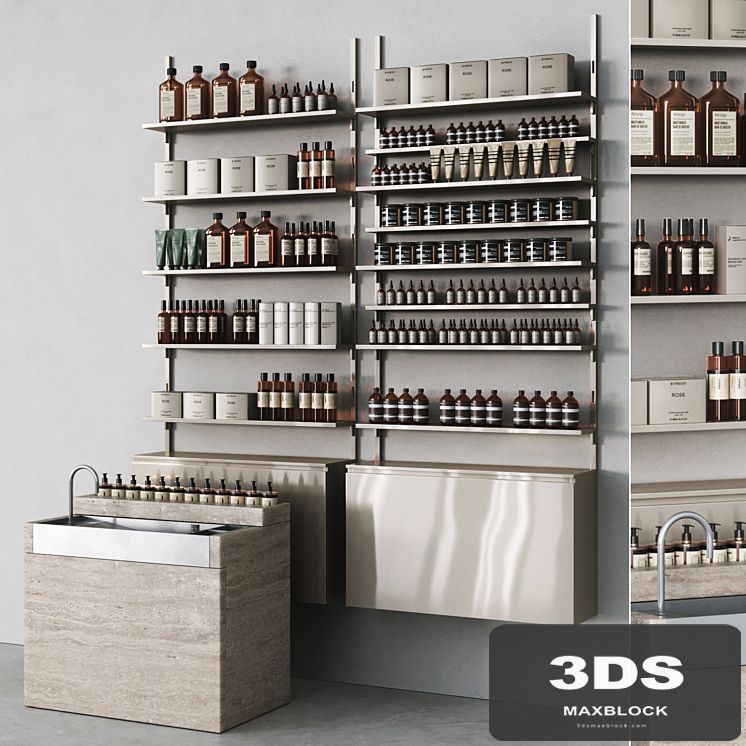 Cosmetic set with metal shelving and washbasin