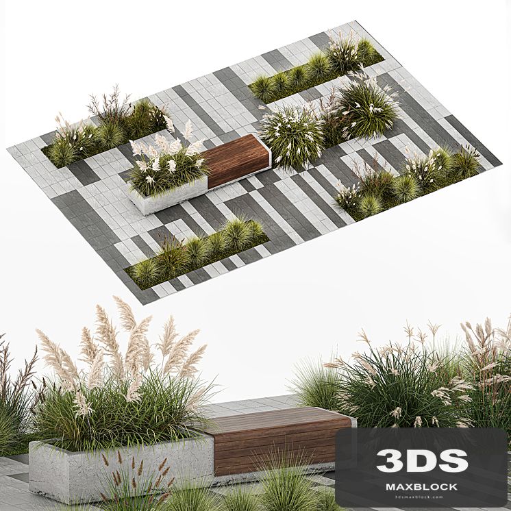 Flower bed with feather grass bushes, Miscanthus, Cortaderia and white pampas grass, bench and bench paving slabs. 1147.