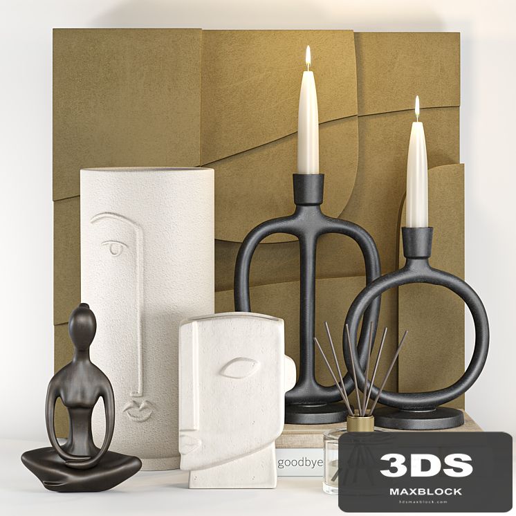 Decorative set with a statuette, vases and candle holders