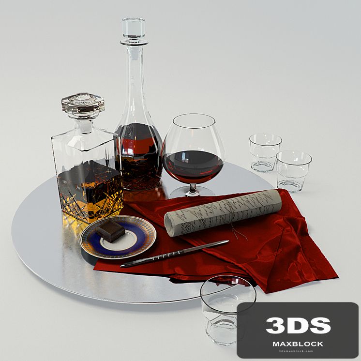 A set with a decanter of whiskey and brandy on a large platter - Set whiskey and cognac decanter on dish