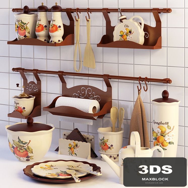 A set of dishes and rail for kitchen