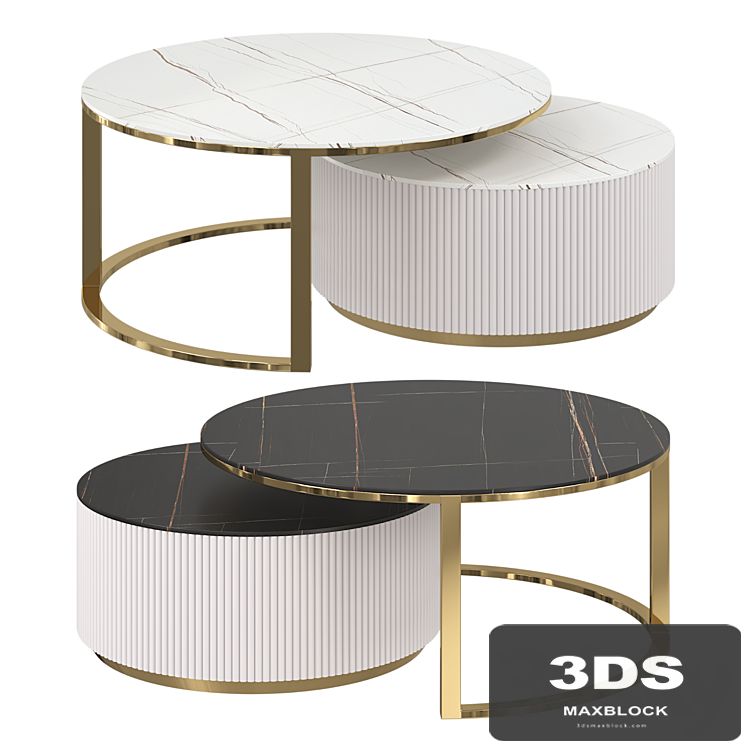 Round modern coffee table with fluted stone top and drawer, white with gold