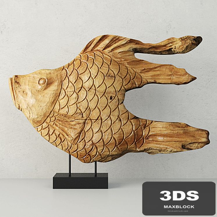 Carved Wood Fish Sculpture on Stand