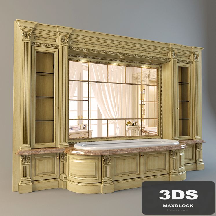 The wall with furniture and bathroom