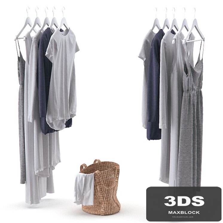 Clothes on hangers and linen basket