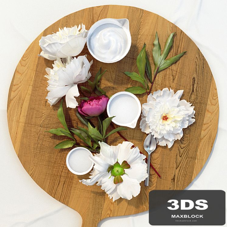 Peonies on a cutting board