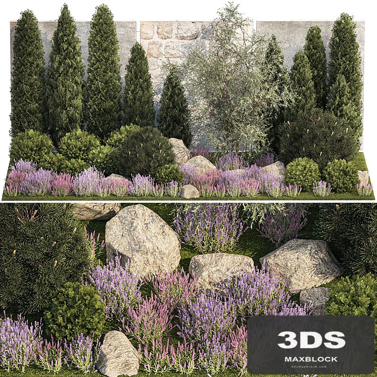 Beautiful garden with arborvitae and landscaping with pine, cypress, topiary, boulder stones, flowers and lavender, sage bushes. 1265