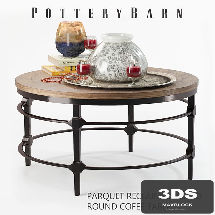 Parquet reclaimed wood round coffee table with decor