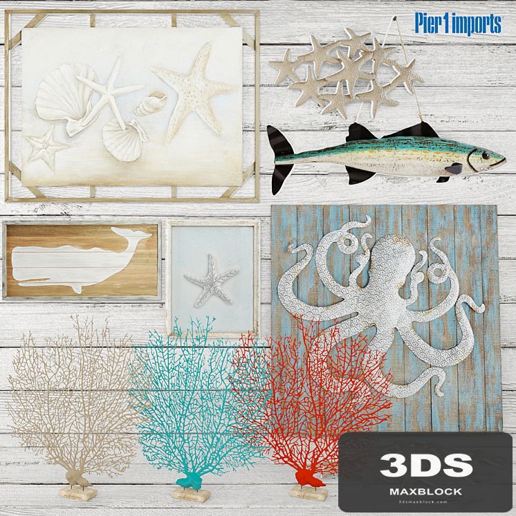 Marine decorative set. pier1, painting, marine style, decor, wall, wooden, coral, octopus