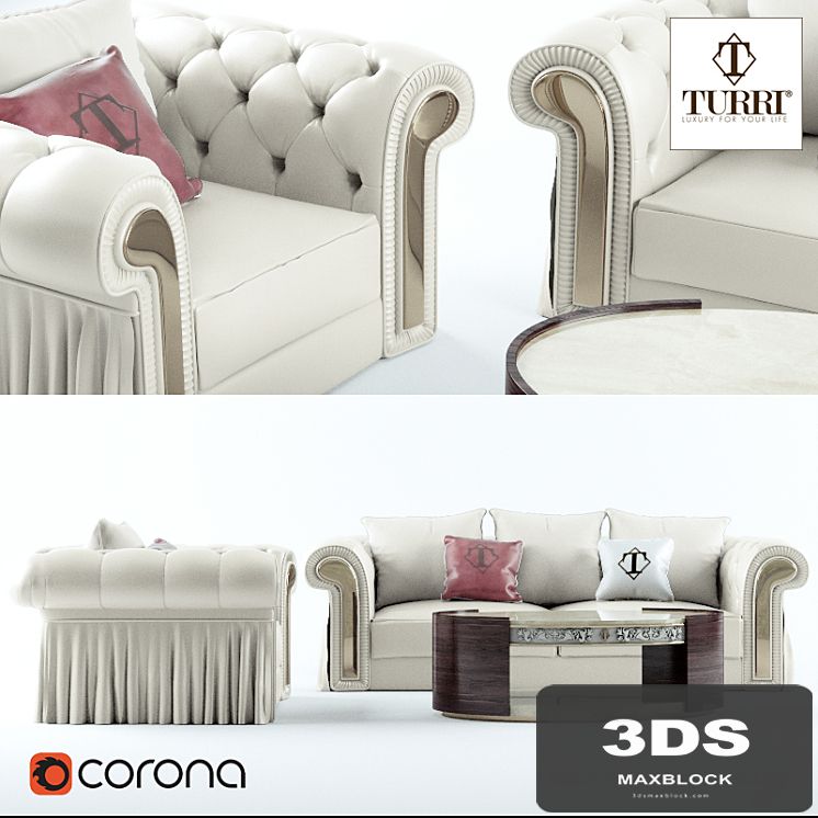Sofa, chair, coffee table Turri Couture