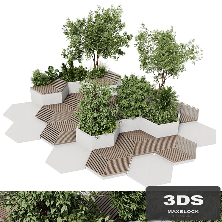 Urban Environment - Urban Furniture - Green Benches With tree 42